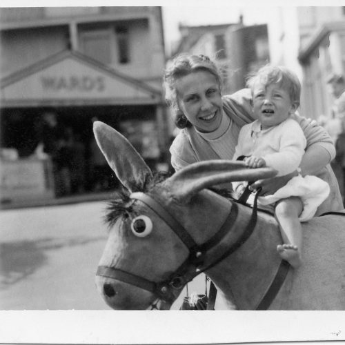 Dorothy Bestwick and Brian Bestwick with Sunbeam donkey on Broadstairs promenade 1954